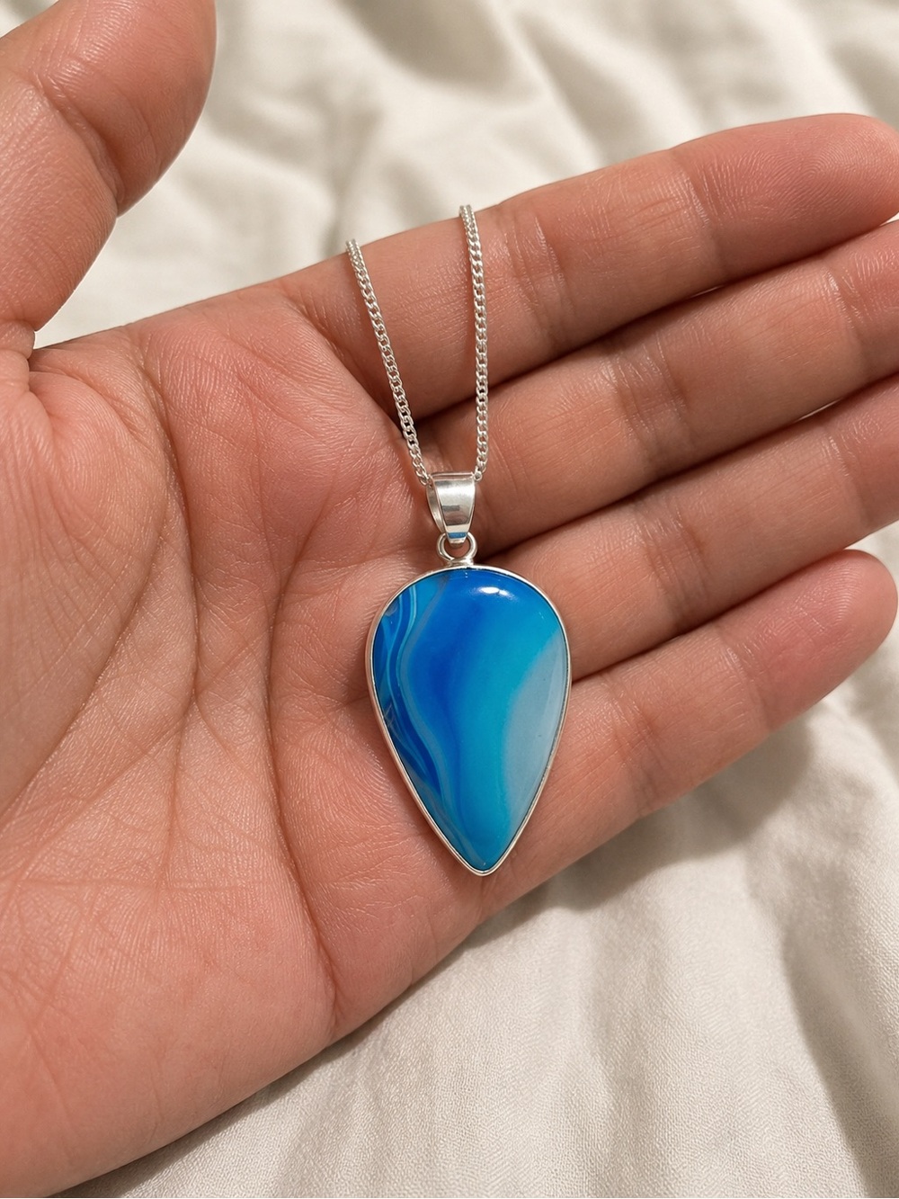 Blue Teardrop Agate Pendant Necklace - Women Jewelry